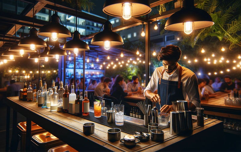 Task lighting above a bar with a bartender mixing drinks in a well lit space