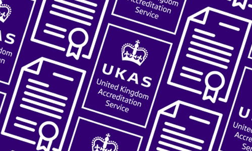 White ISO 9001 UKAS Management Systems Logo and Certificate Icon in a repeating angled pattern and purple background