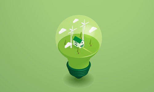 Conceptual graphic of a green light bulb with an idyllic landscape inside, featuring a house, wind turbines, and trees, representing energy efficiency and environmental sustainability.