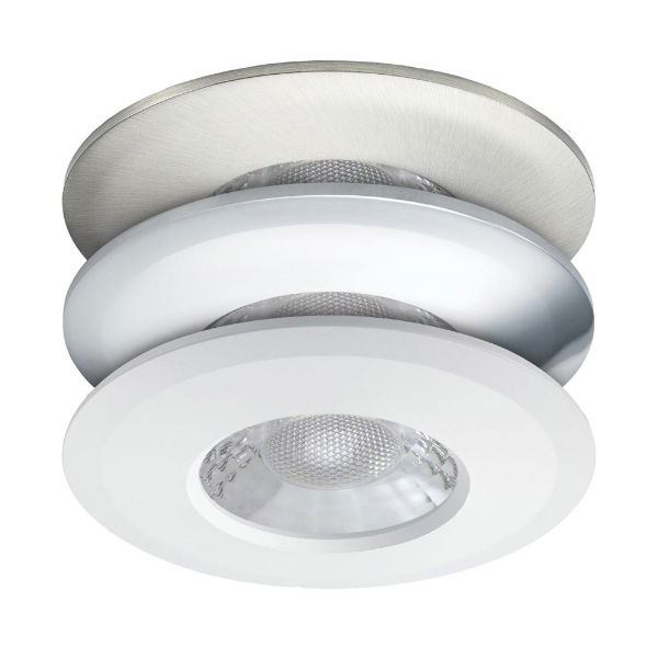 JCC V50 LED Downlight - 7W, Fire Rated, IP65, 3000K/4000K, 3 Bezels, White, Brushed Nickel and Chrome for installation recessed into ceilings in the bathroom, kitchen or hallway