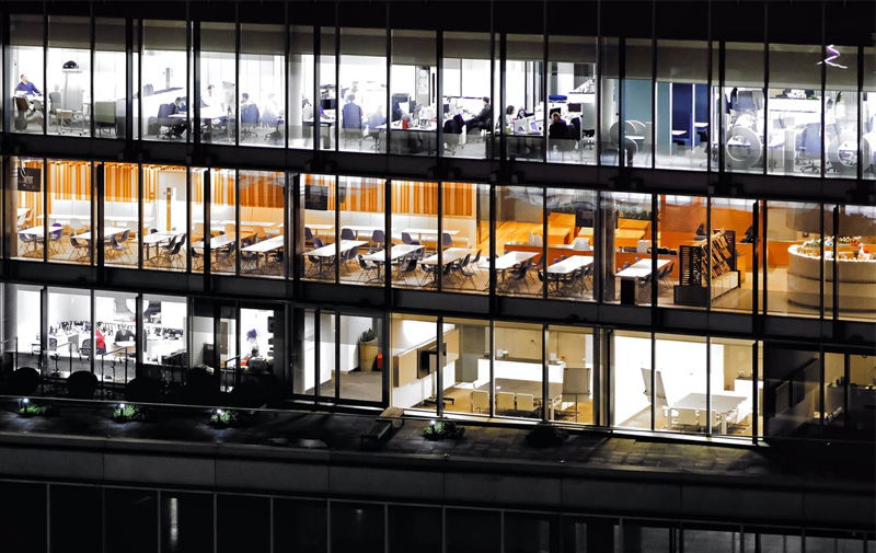 Different Coloured Office Lighting in a tower block, Natural white, warm white and cool white LED panels